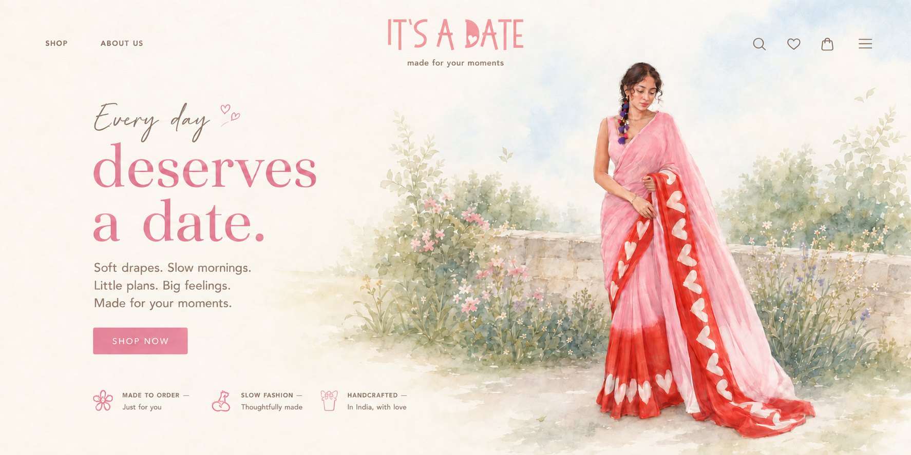 It’s a Date label preview: the original wordmark in blush pink on ivory, a watercolour garden and a pink saree.