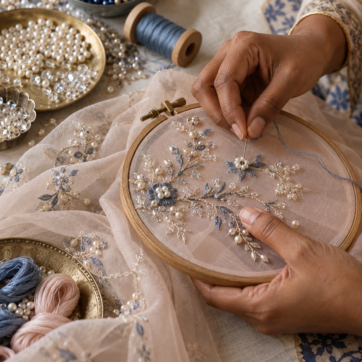 Illustrative hand embroidery with pearls, crystals and a fine floral motif on organza