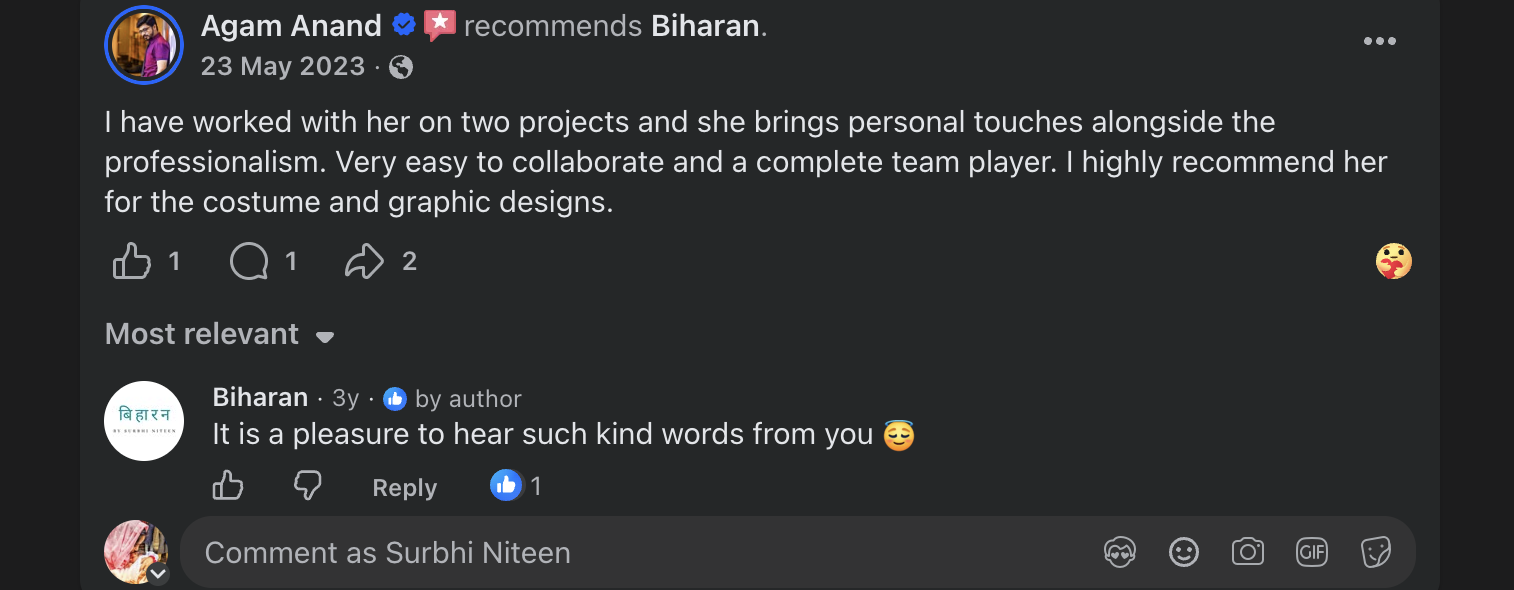 Facebook recommendation from Agam Anand supplied by Surbhi