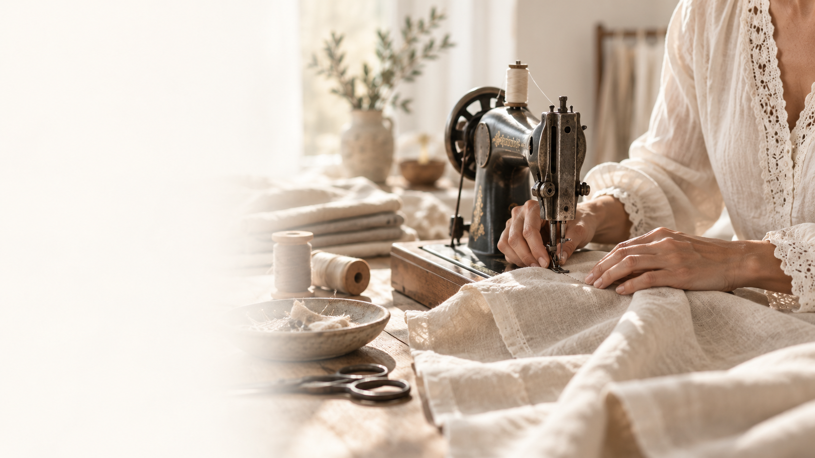 Sewing, fabric and a worktable in warm natural light